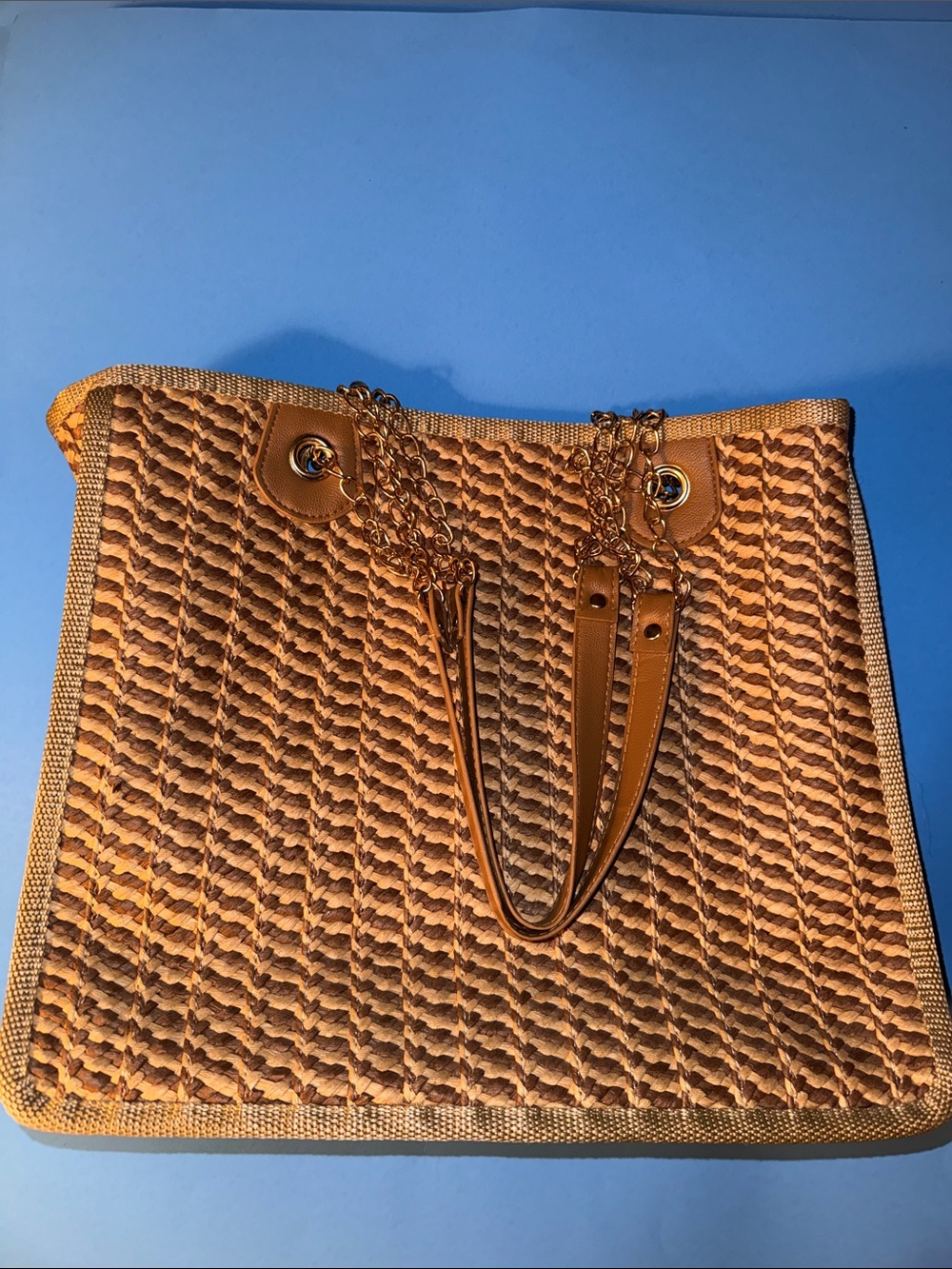 T.J.Maxx Woven Brown/Tan Tote with Chain Handles